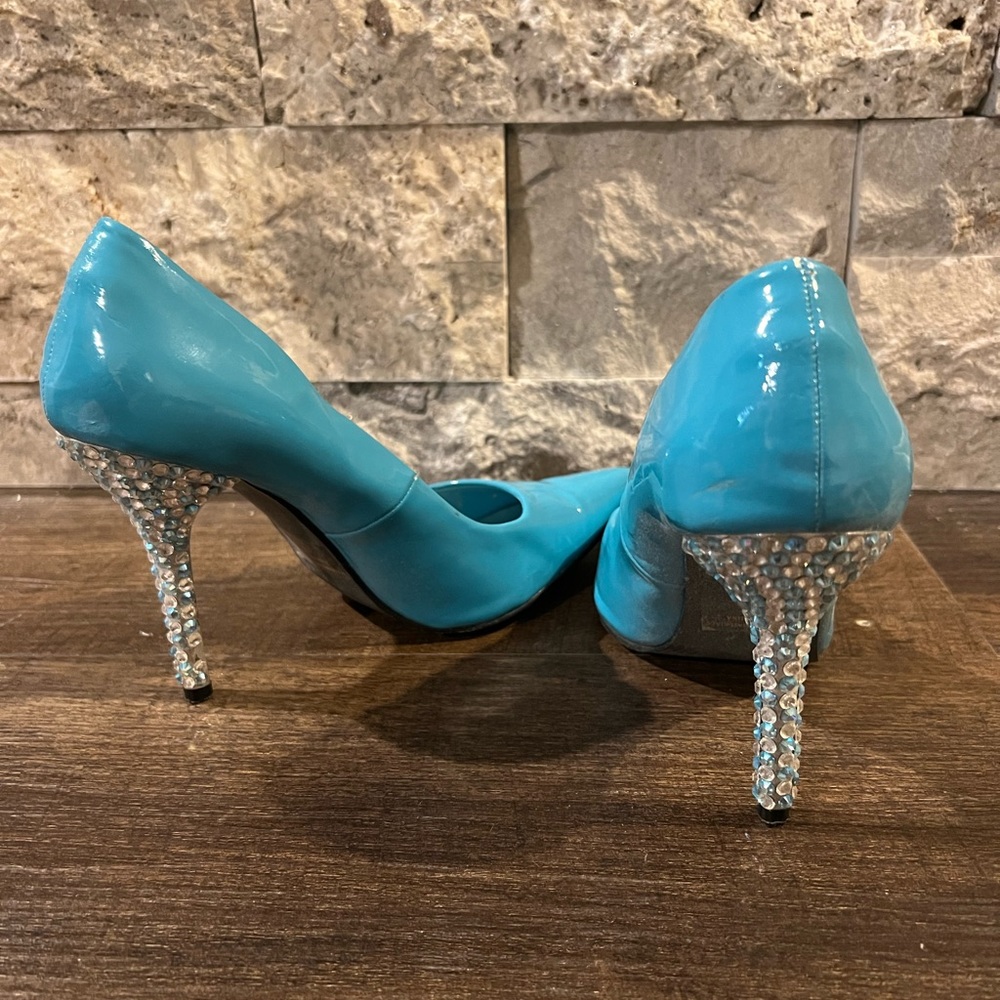 Turquoise patent heels with Swarovski rhinestone heels.